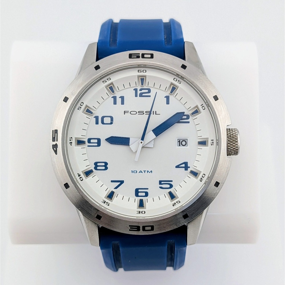 Fossil AM-4251 White Blue Dial Silicone Strap SS Men's Watch 45mm Lume